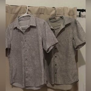 2 Lululemon Mens Short-Sleeve Patterned Button-Up Shirt - Light Gray